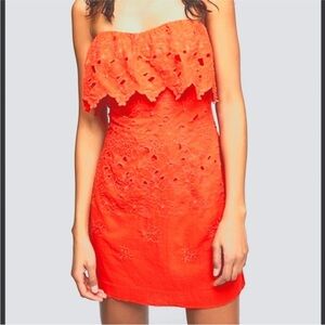 Free People Orange Strapless Sheath Cocktail Dress mini lace short cottage core